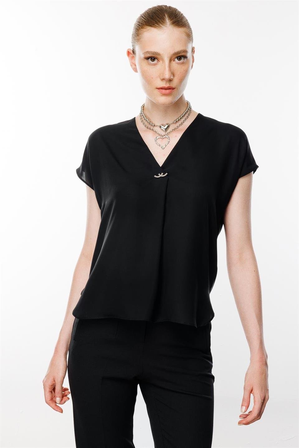V-Neck Blouse with Front Accessories BLACK