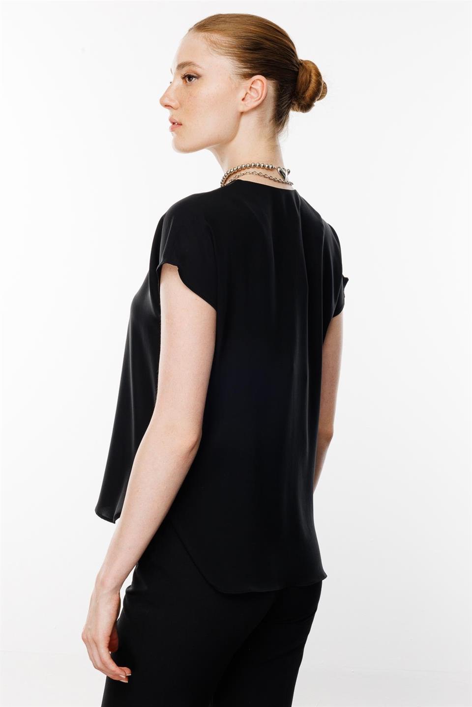 V-Neck Blouse with Front Accessories BLACK