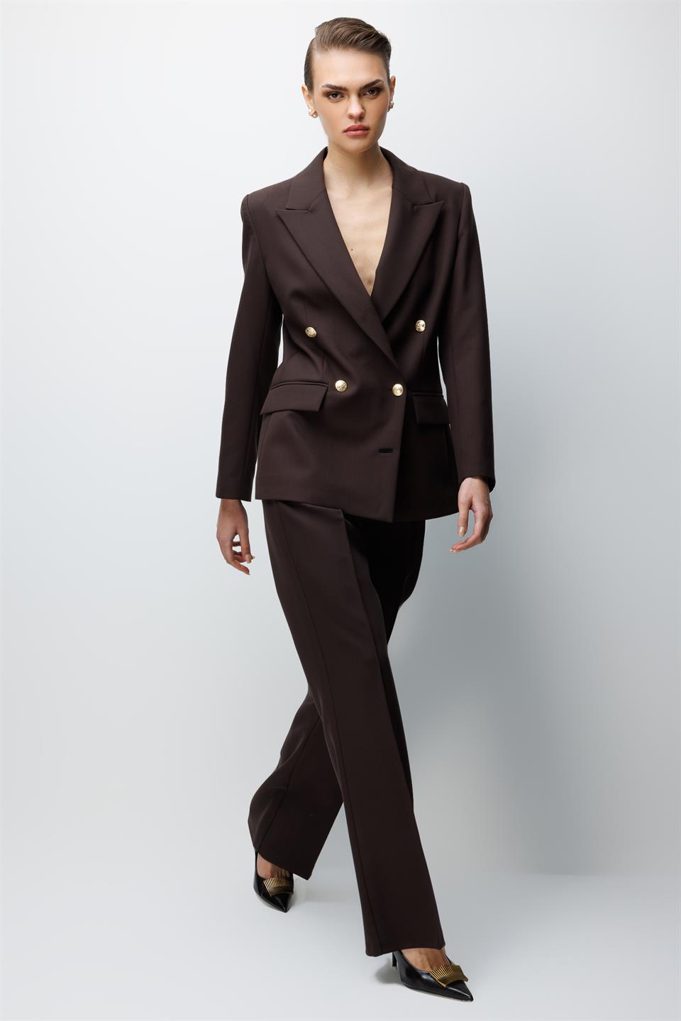 High-Waisted Ribbed Front Trousers, BROWN
