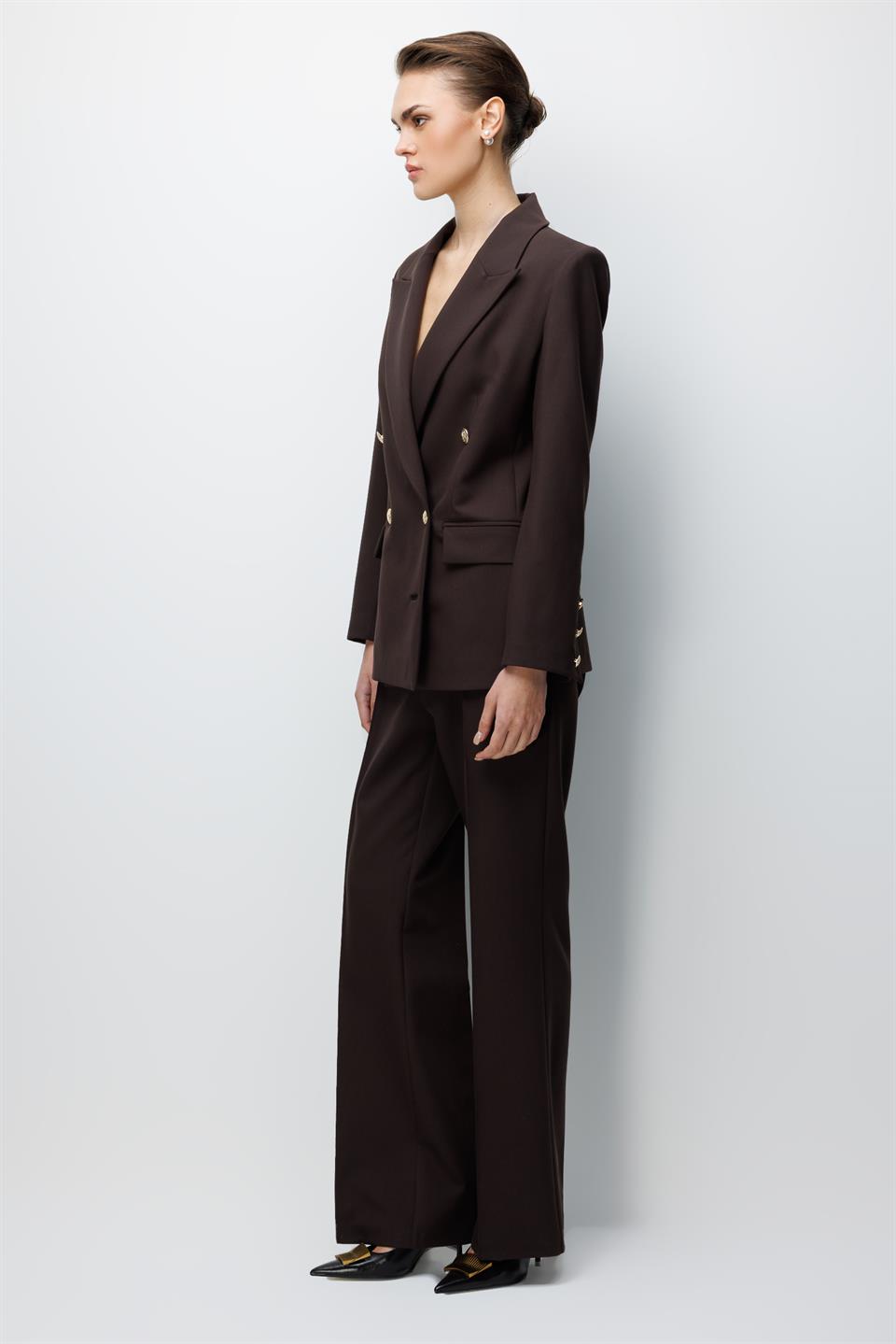 High-Waisted Ribbed Front Trousers, BROWN