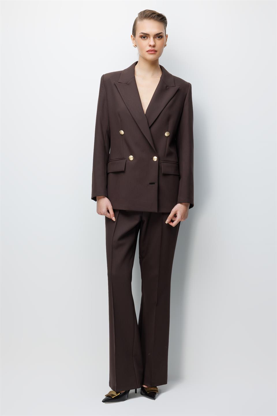 High-Waisted Ribbed Front Trousers, BROWN