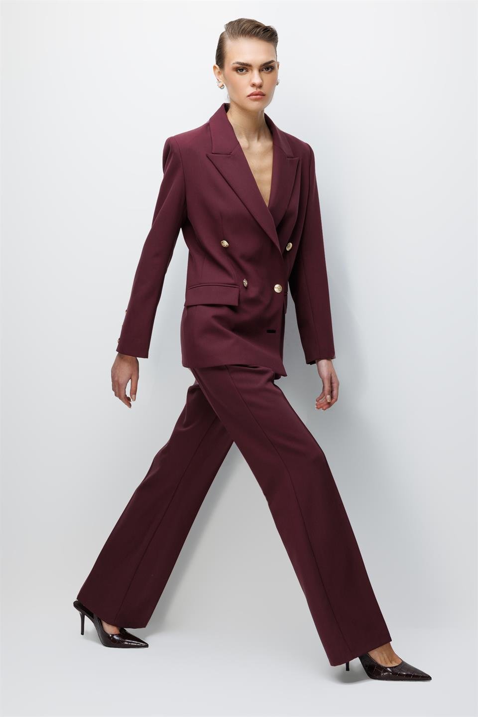 High-Waisted Trousers with Ribbed Front, BURGUNDY