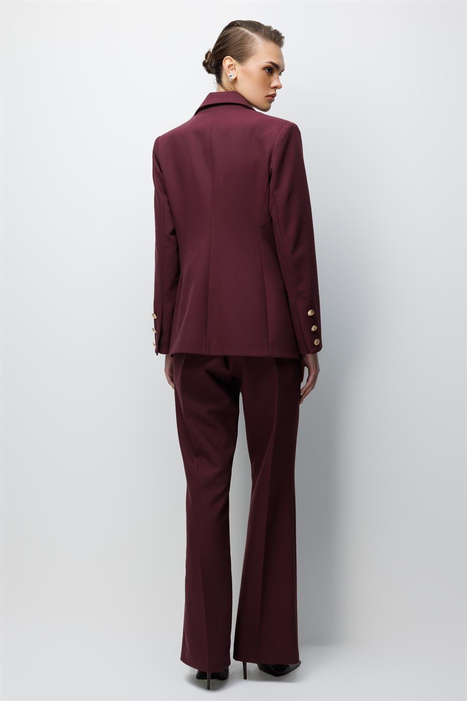 High-Waisted Trousers with Ribbed Front, BURGUNDY