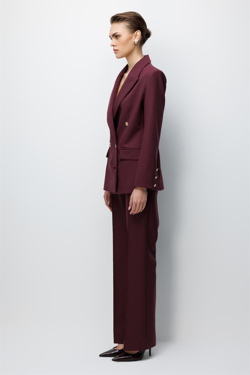 High-Waisted Trousers with Ribbed Front, BURGUNDY