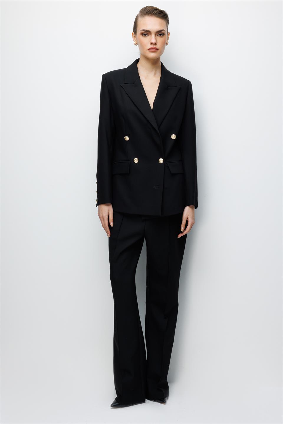 Ribbed Front High-Waisted Trousers BLACK