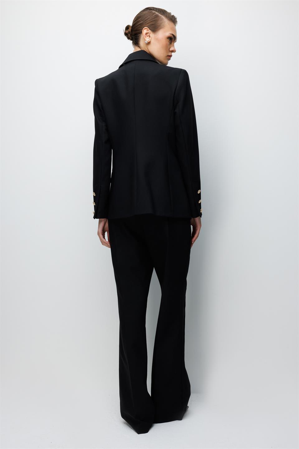 Ribbed Front High-Waisted Trousers BLACK