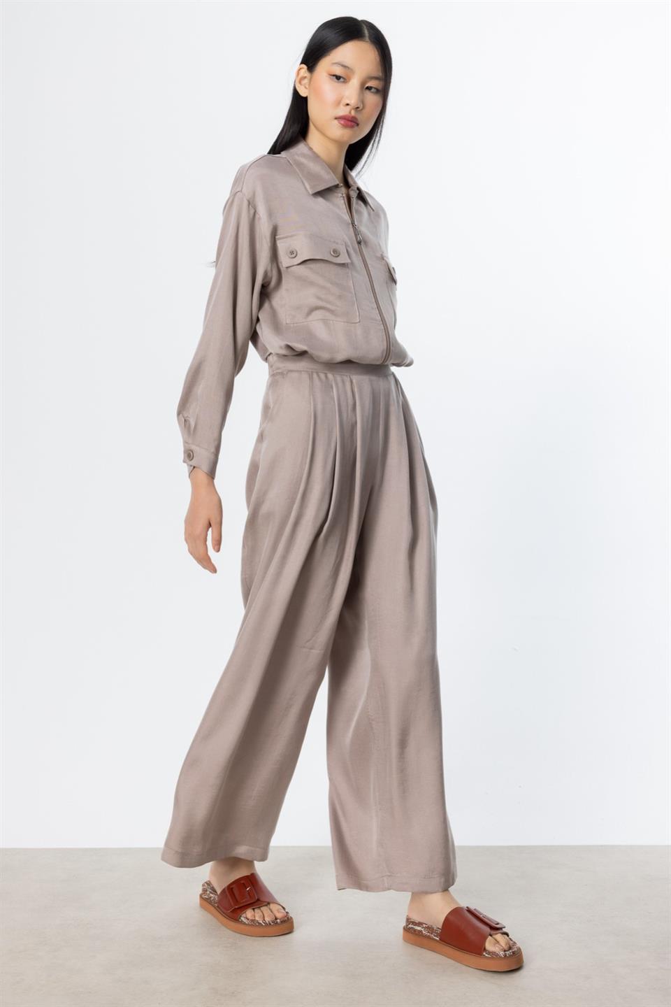 Önü Pileli Bol Paça Pantolon BEJ