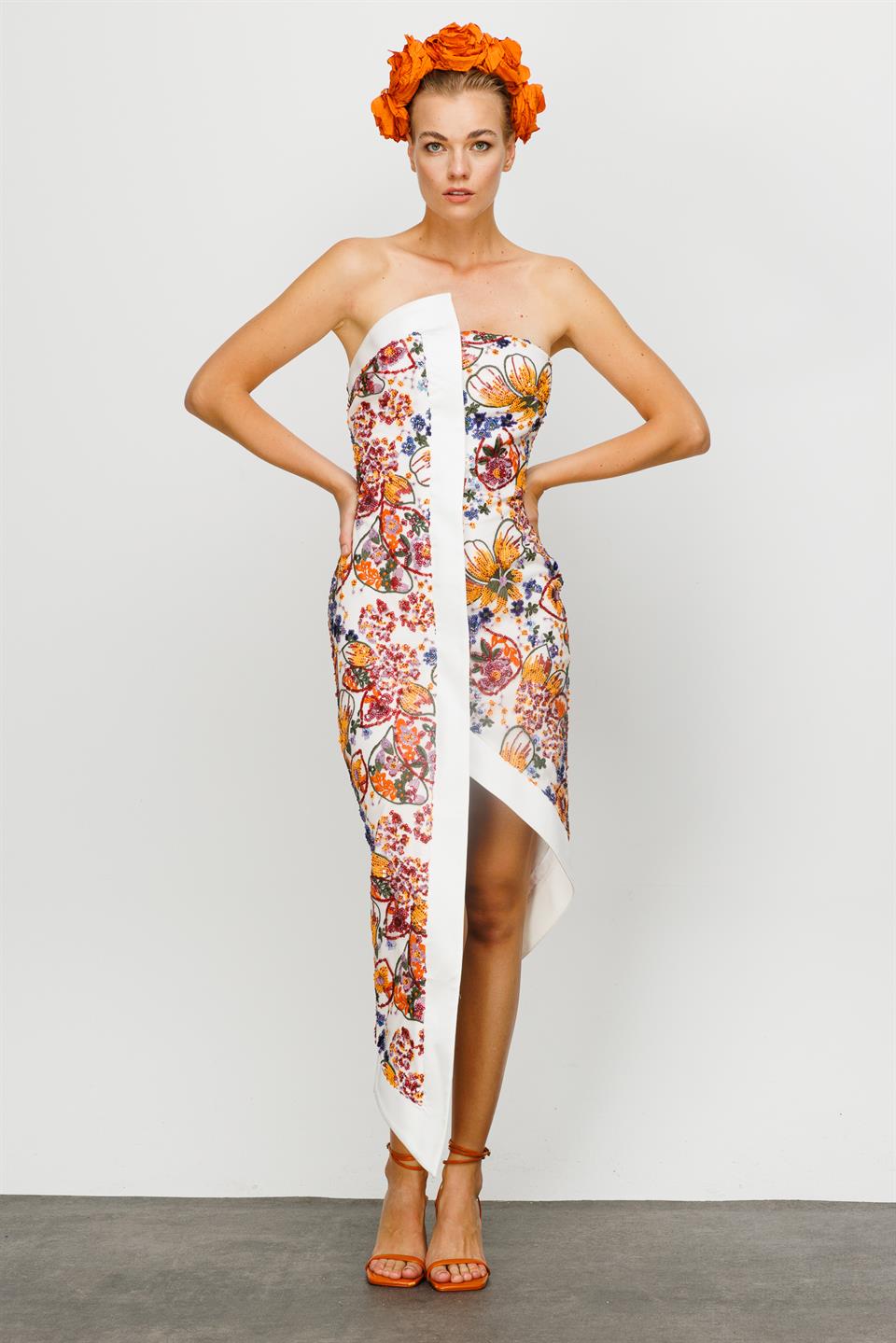 Authentic Pattern Strapless Dress ECRU