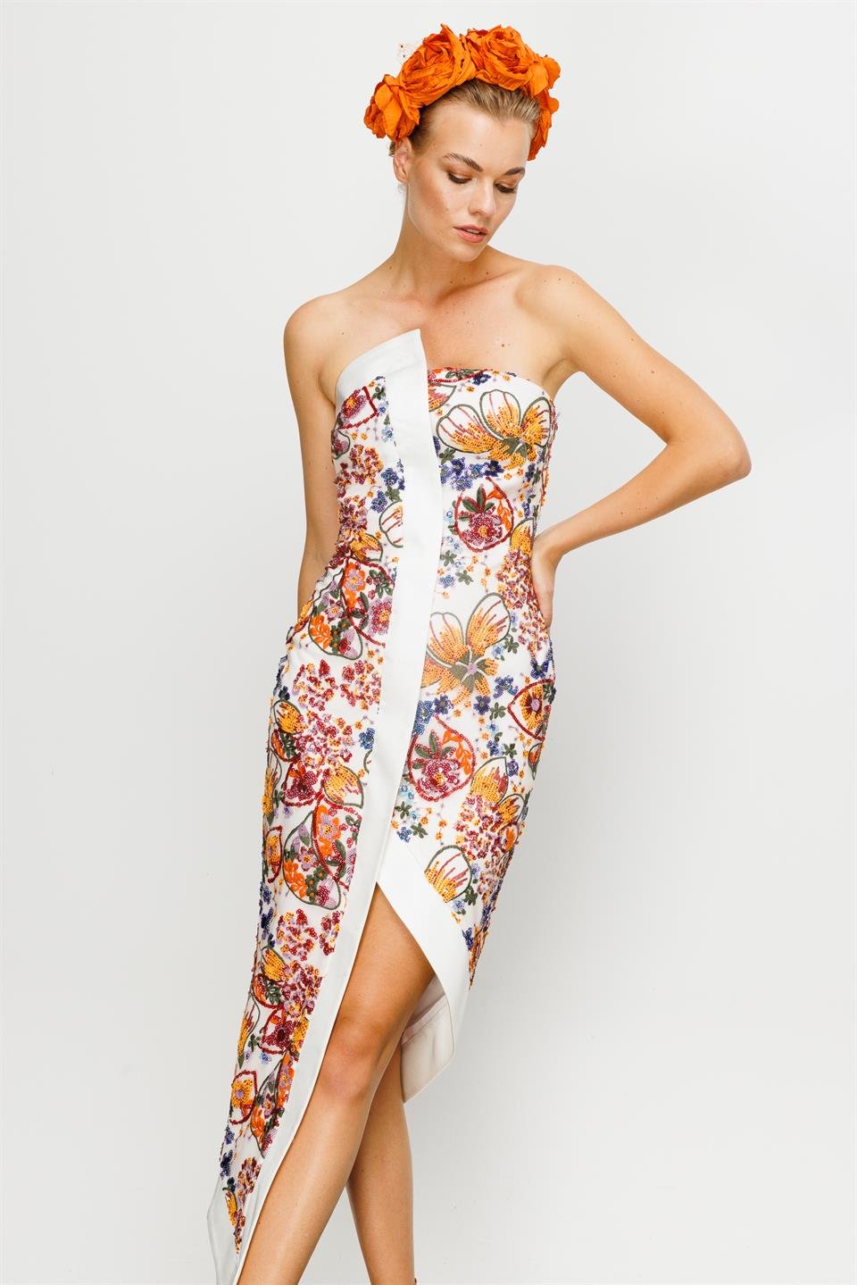 Authentic Pattern Strapless Dress ECRU