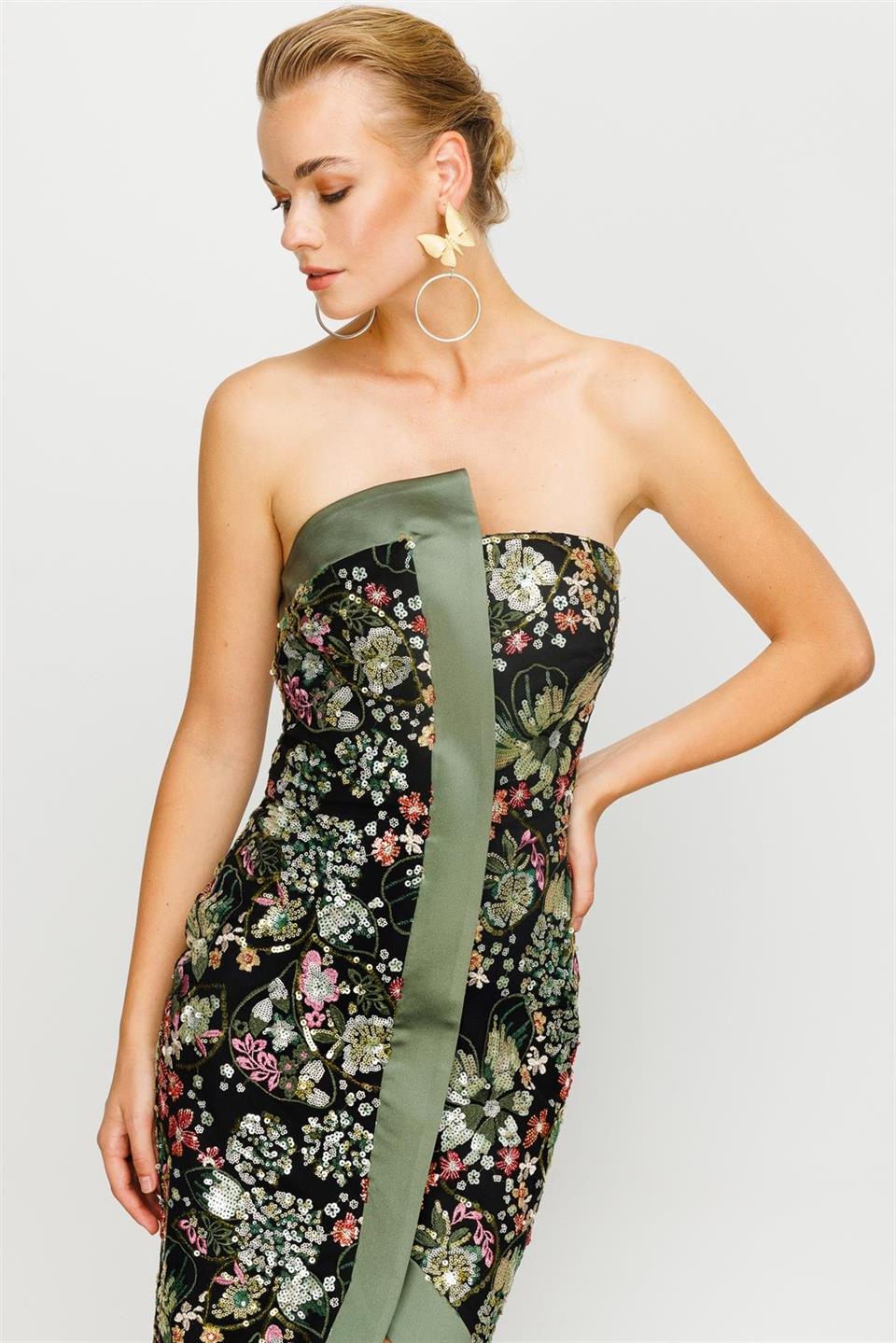 Nefeli Womens Authentic Pattern Strapless Khaki Dress