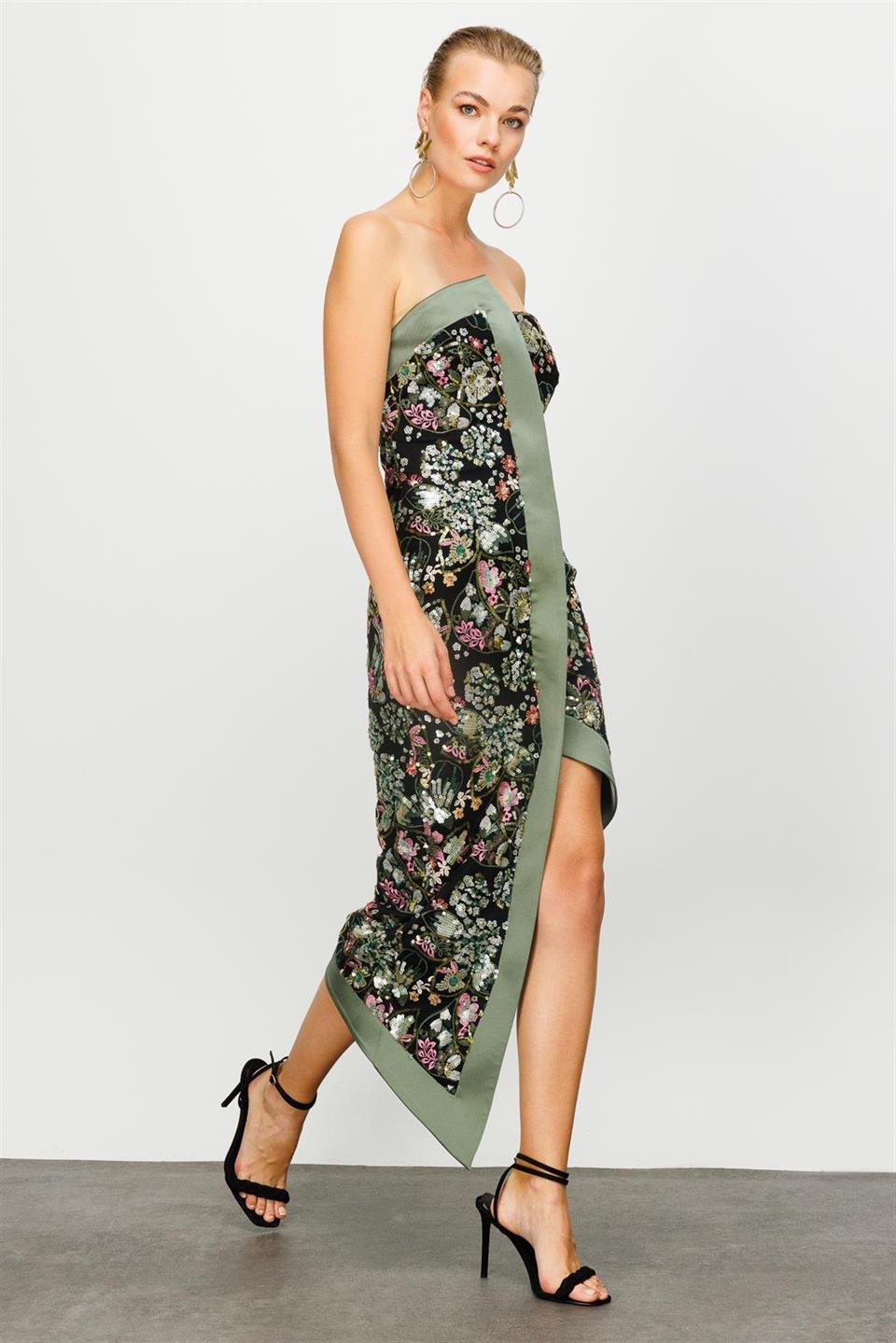 Nefeli Womens Authentic Pattern Strapless Khaki Dress