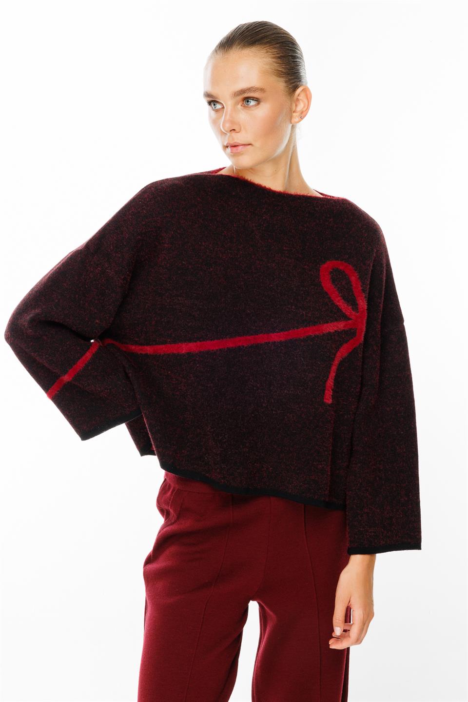 Oversize Fiyonk Detay Triko Kazak BORDO