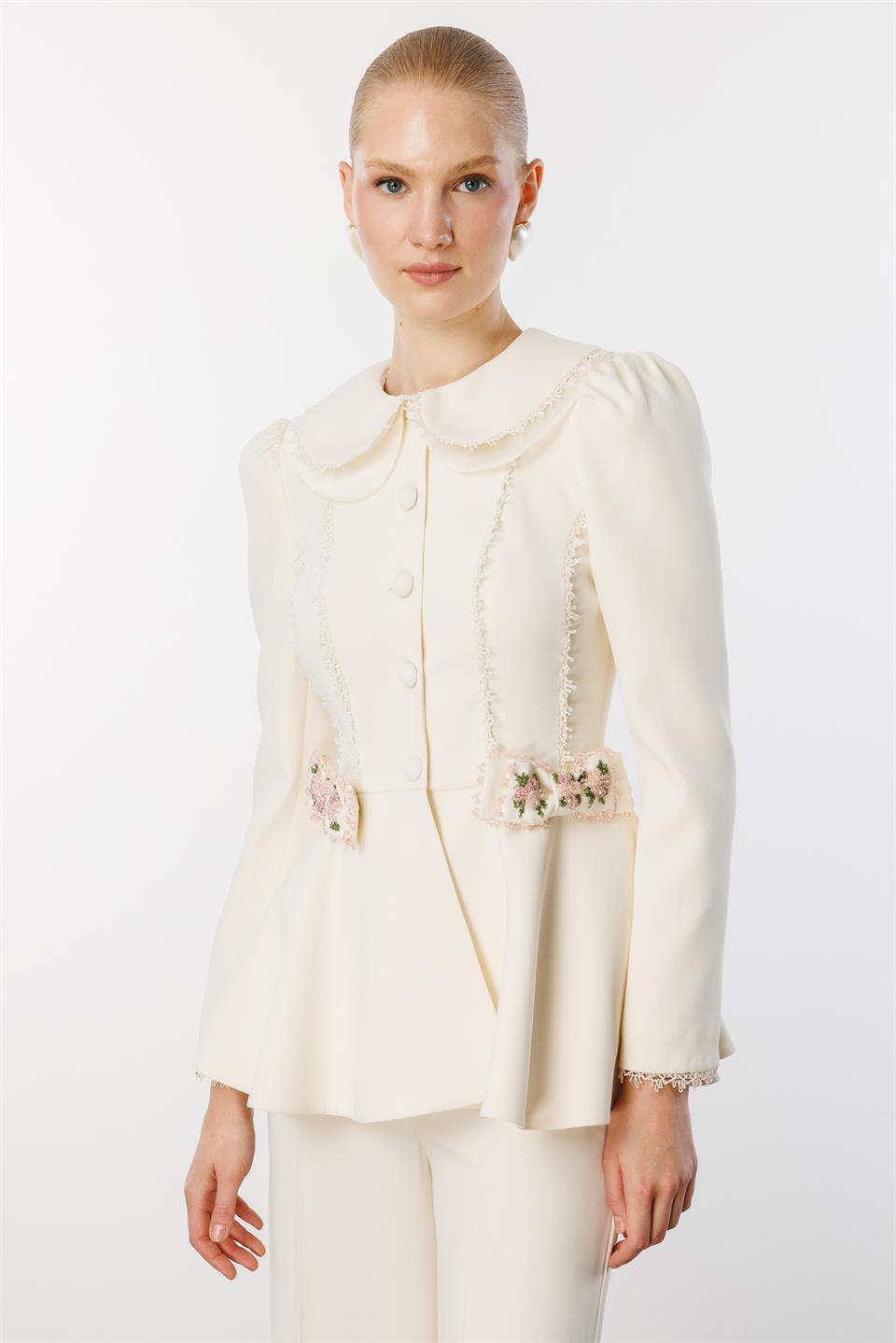 Palazzo Pantolon  Bebe Yaka Ceket 2li Takım EKRU