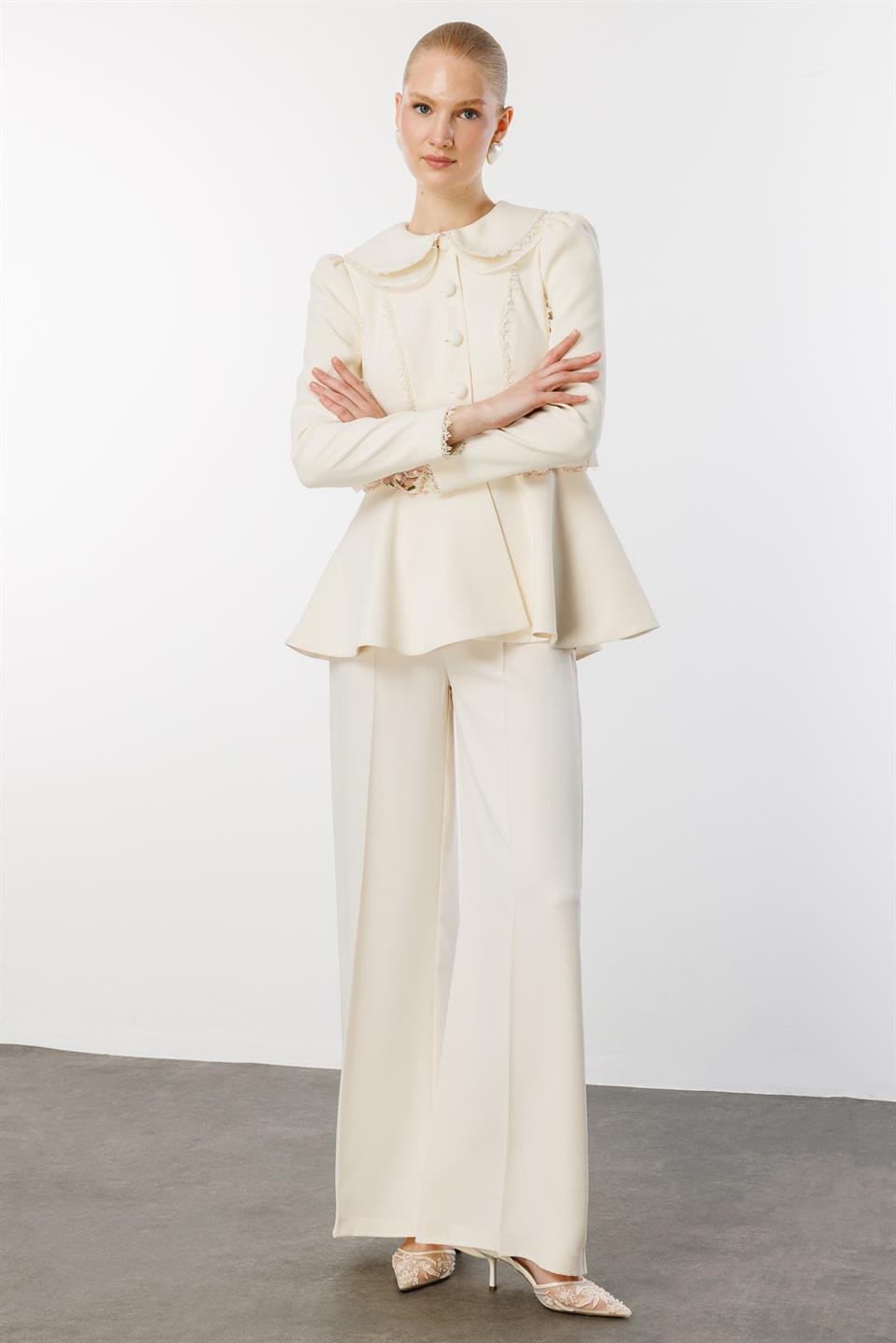 Palazzo Pantolon  Bebe Yaka Ceket 2li Takım EKRU