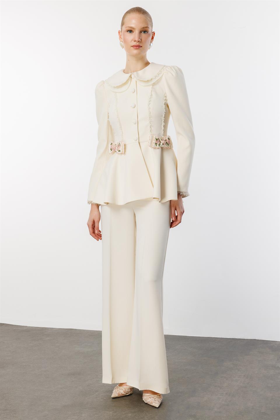 Palazzo Pantolon  Bebe Yaka Ceket 2li Takım EKRU