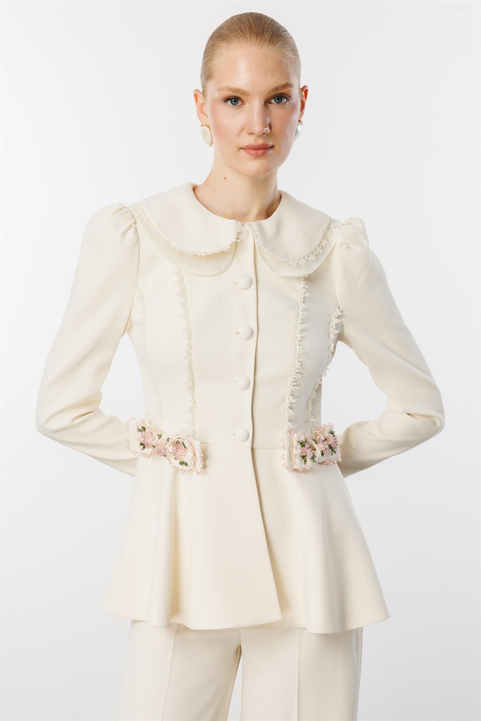 Palazzo Pantolon  Bebe Yaka Ceket 2li Takım EKRU