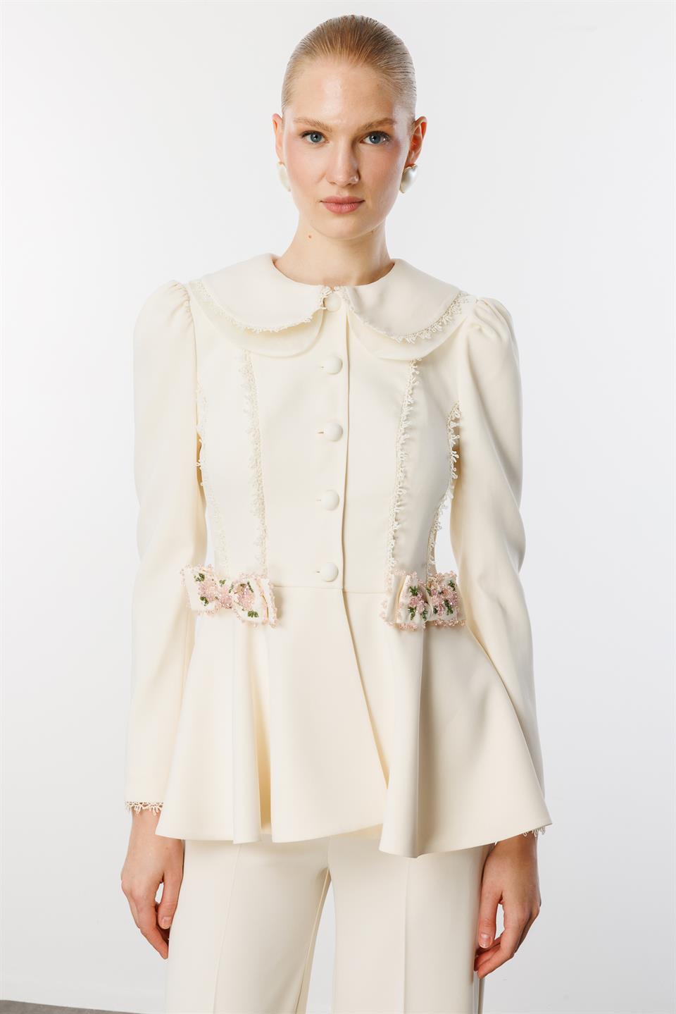 Palazzo Pantolon  Bebe Yaka Ceket 2li Takım EKRU