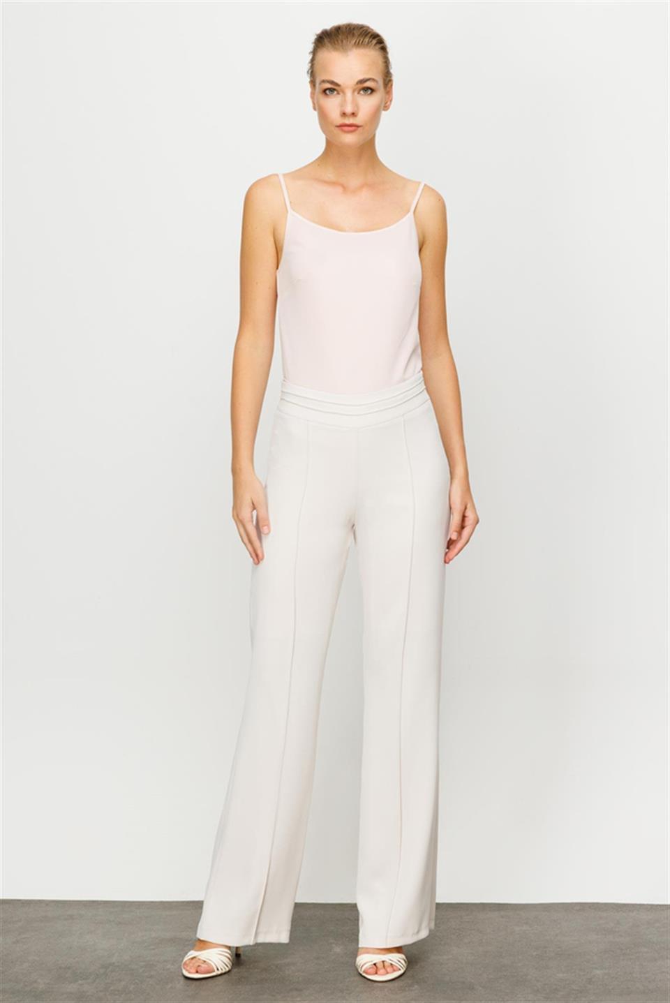 Yüksek Bel Nevrüllü Ekru İspanyol Paça Pantolon