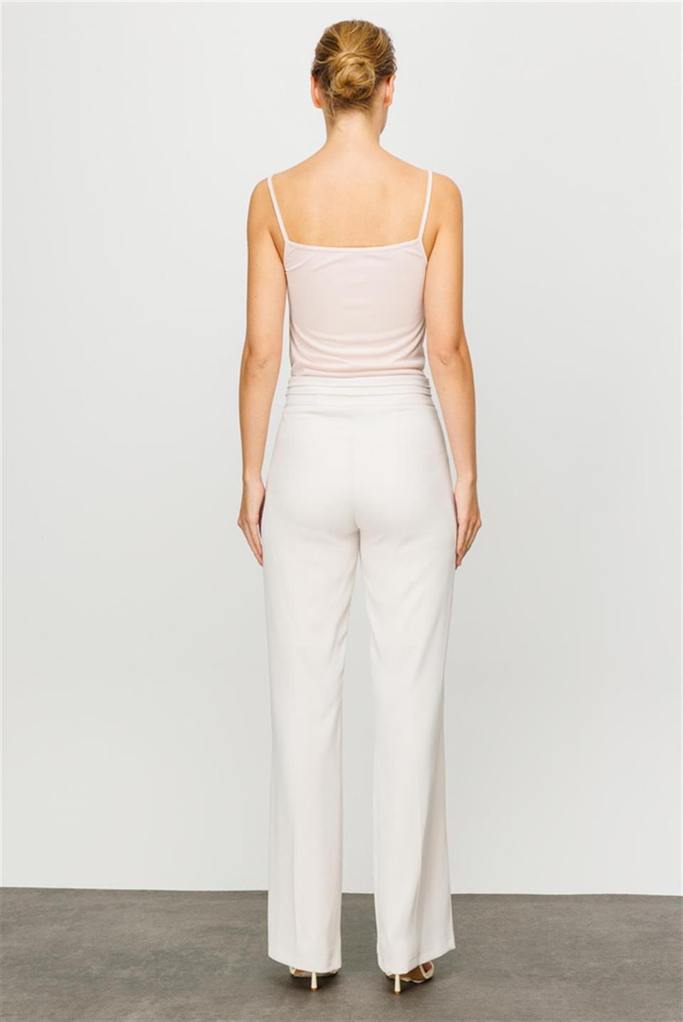 Yüksek Bel Nevrüllü Ekru İspanyol Paça Pantolon