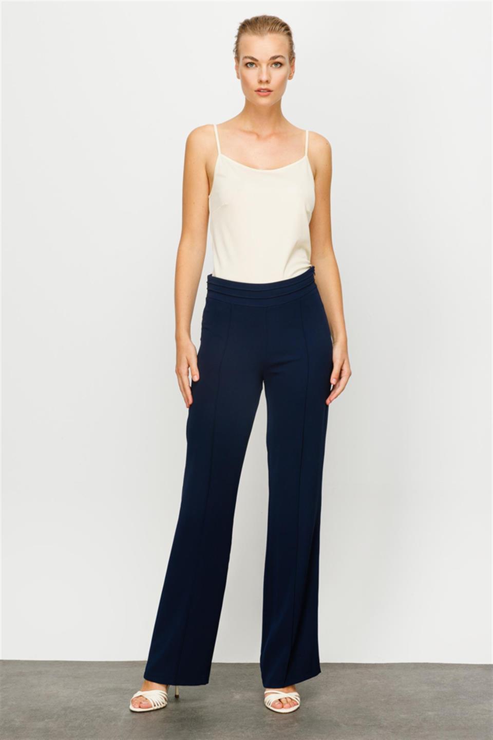 Yüksek Bel Nevrüllü Lacivert İspanyol Paça Pantolon