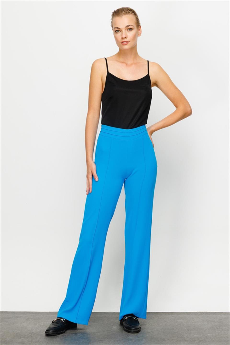  Yüksek Bel Nevrüllü Mavi İspanyol Paça Pantolon