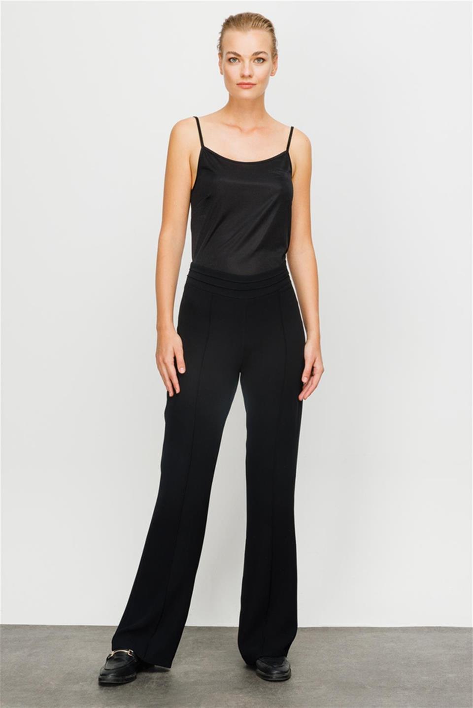 Yüksek Bel Nevrüllü Siyah İspanyol Paça Pantolon