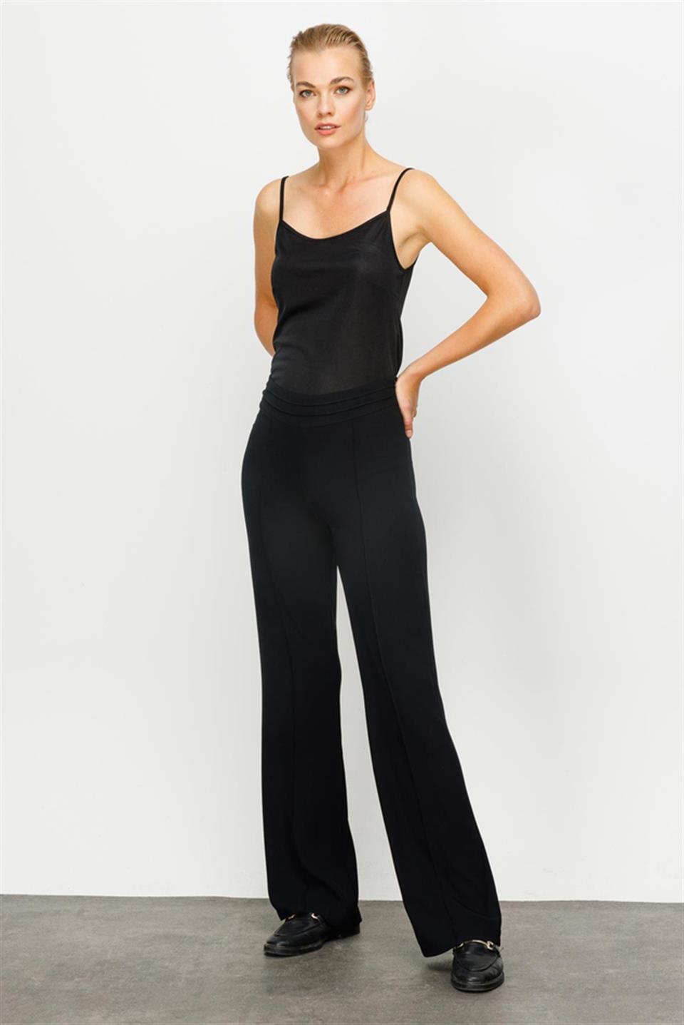 Yüksek Bel Nevrüllü Siyah İspanyol Paça Pantolon