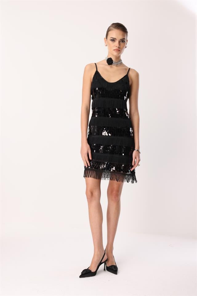 Payet Şerit Mini Elbise SİYAH