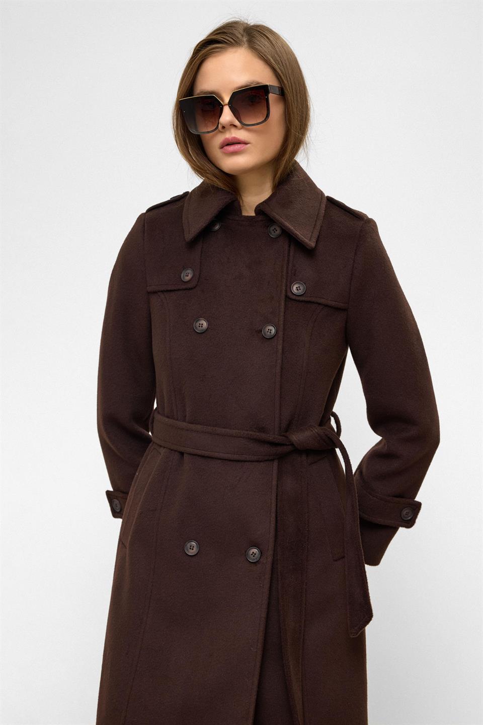 Double-Breasted Long Coat with Cape Detail COFFEE