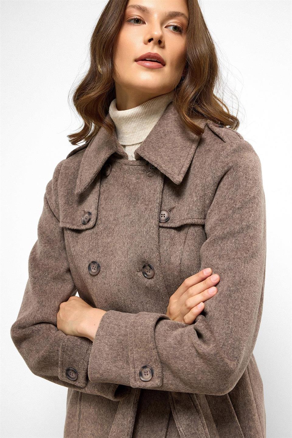 Double-Breasted Long Coat with Cape Detail LATTE