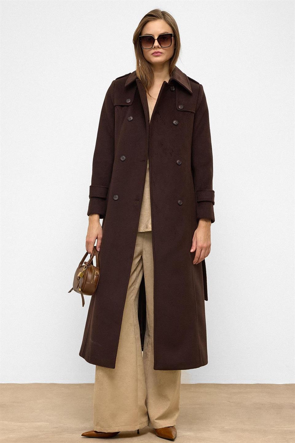 Double-Breasted Long Coat with Cape Detail COFFEE