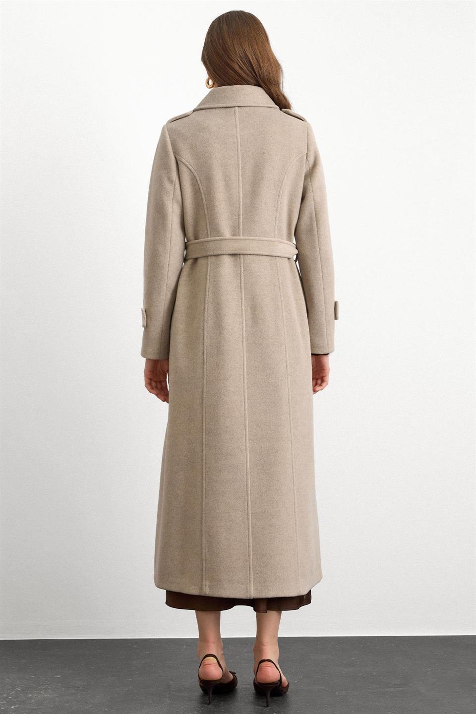 Double Breasted Long Coat with Cape Detail TAŞ