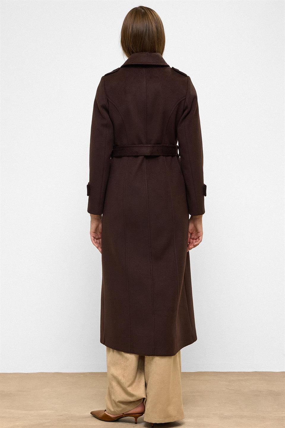 Double-Breasted Long Coat with Cape Detail COFFEE