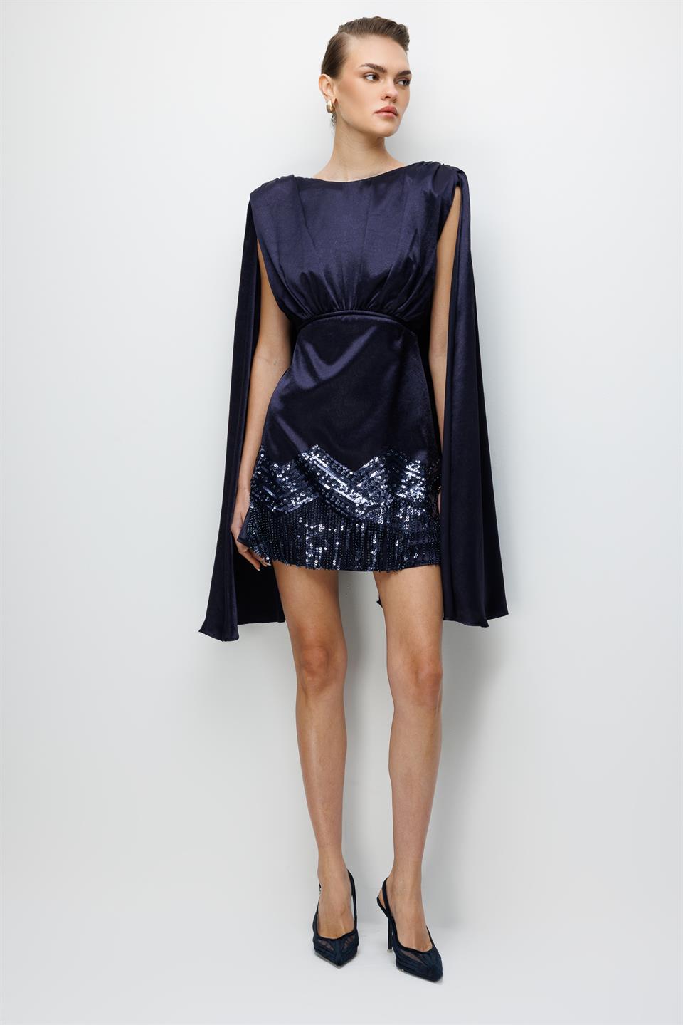 Pelerin Kol Etek Ucu İşlemeli Mini Elbise LACİVERT