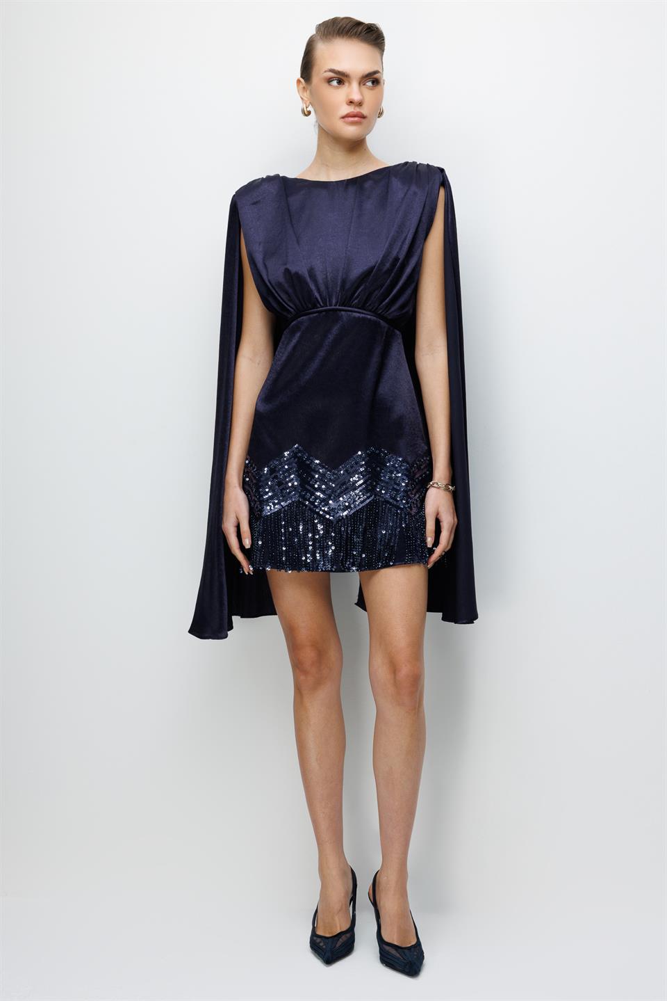 Pelerin Kol Etek Ucu İşlemeli Mini Elbise LACİVERT