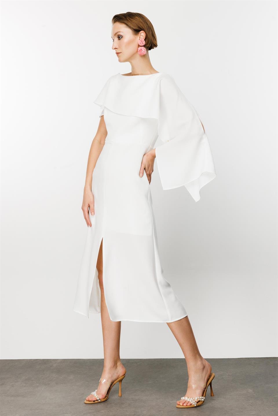Nefeli Cape Collar Slit White Dress