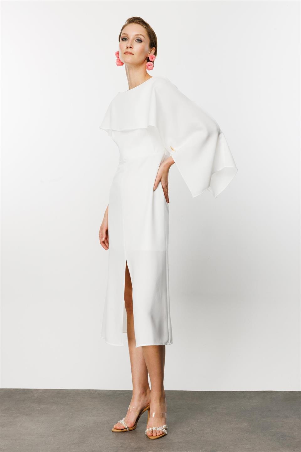 Nefeli Cape Collar Slit White Dress