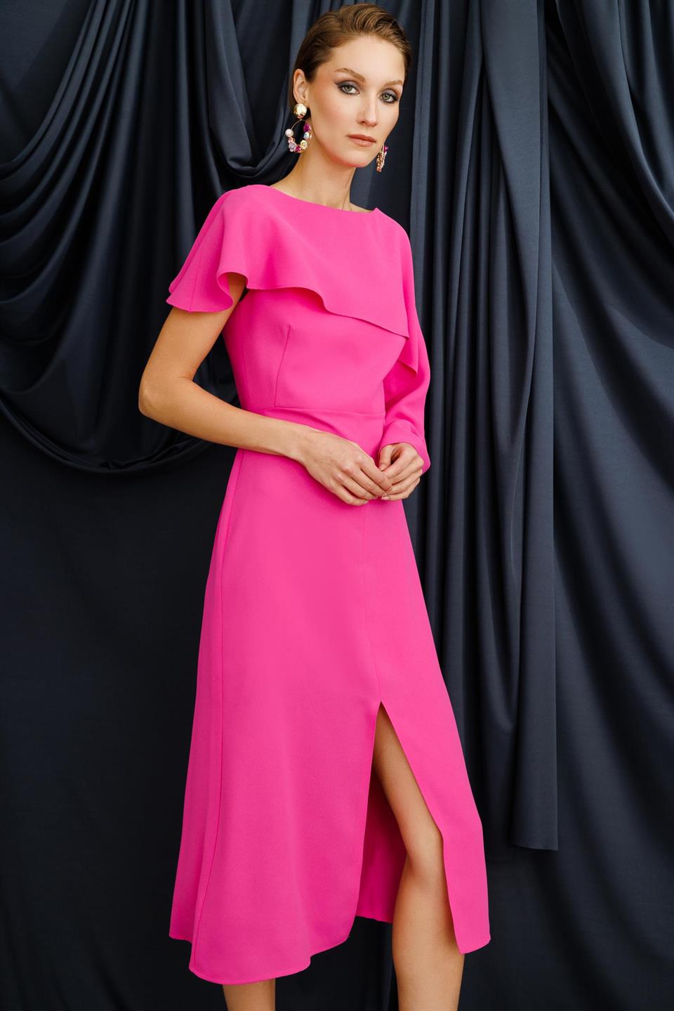 Nefeli Cape Collar Slit Candy Pink Dress