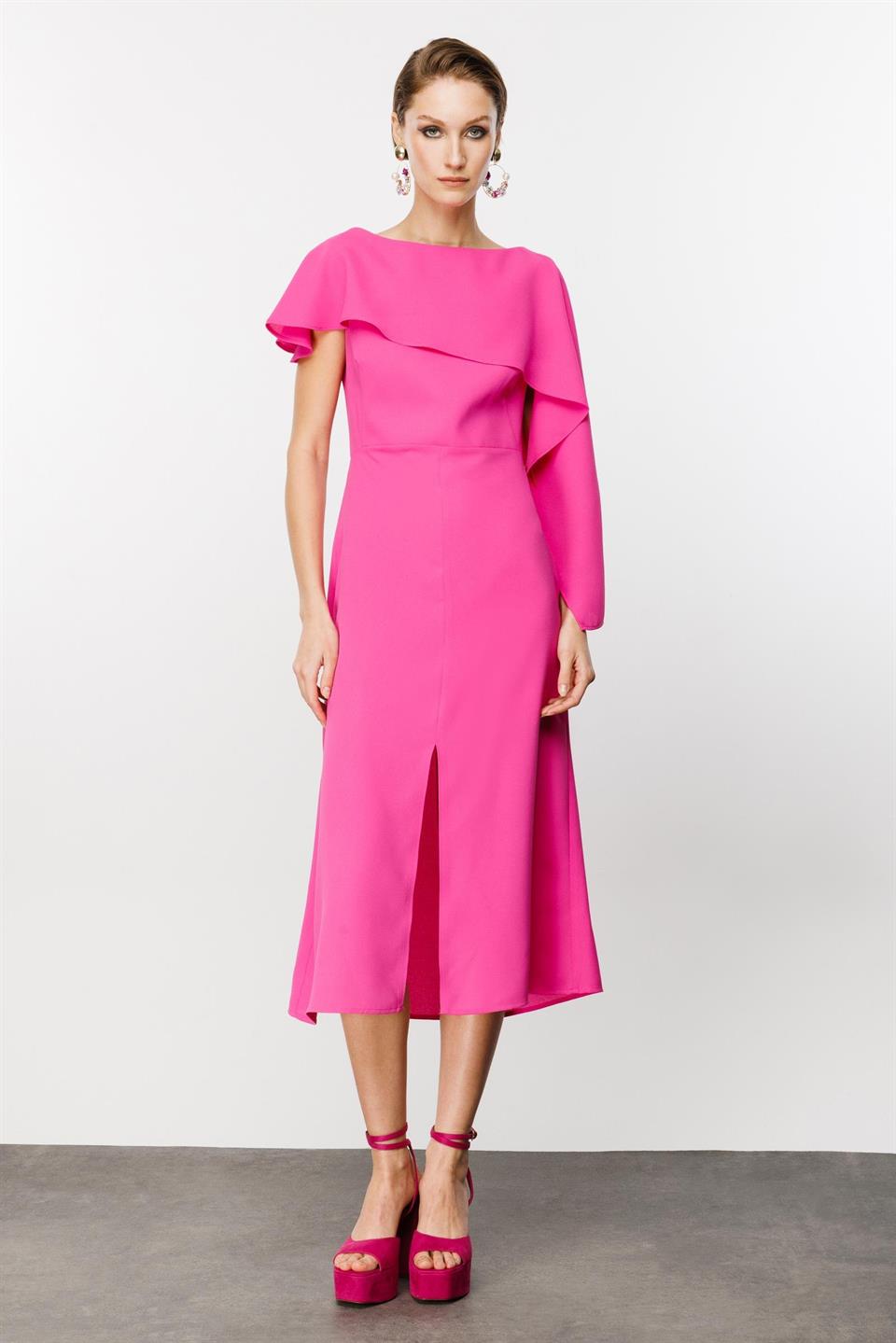 Nefeli Cape Collar Slit Candy Pink Dress