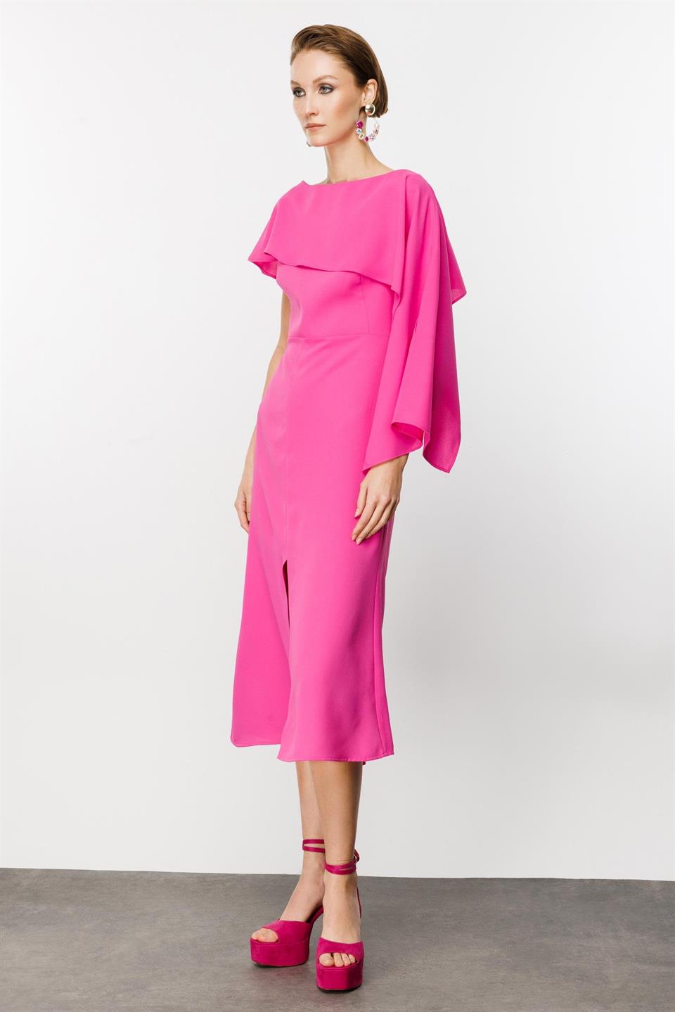 Nefeli Cape Collar Slit Candy Pink Dress
