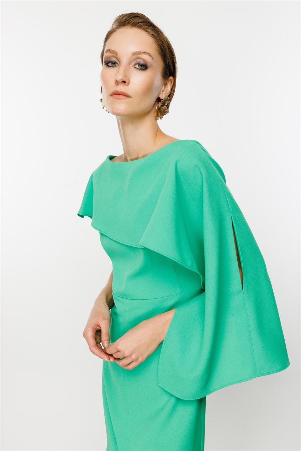Nefeli Cape Collar Slit Green Dress