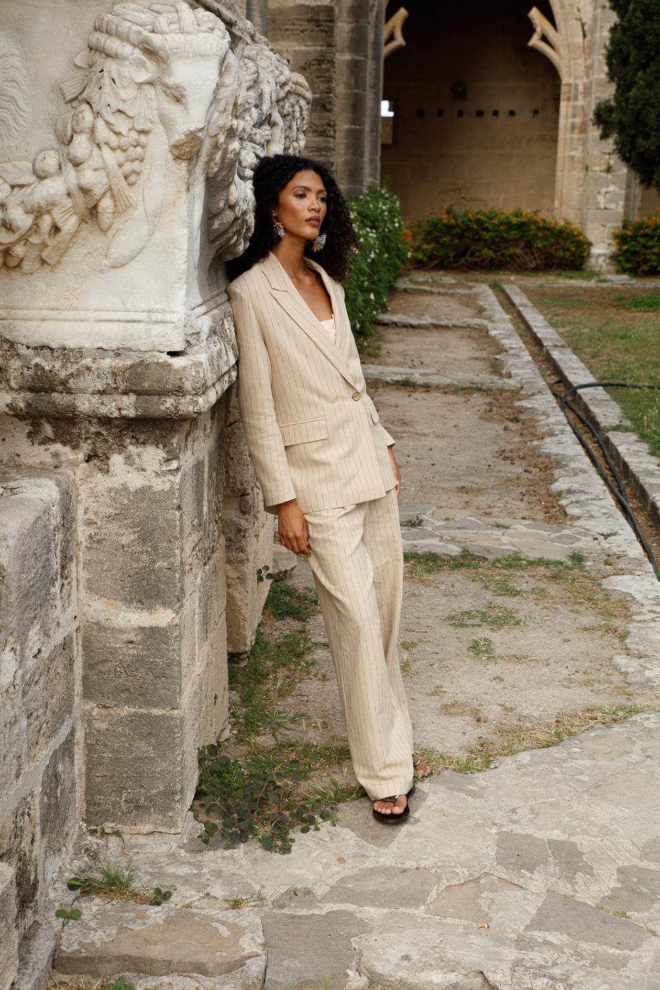 Pileli Bol Paça Pantolon BEJ