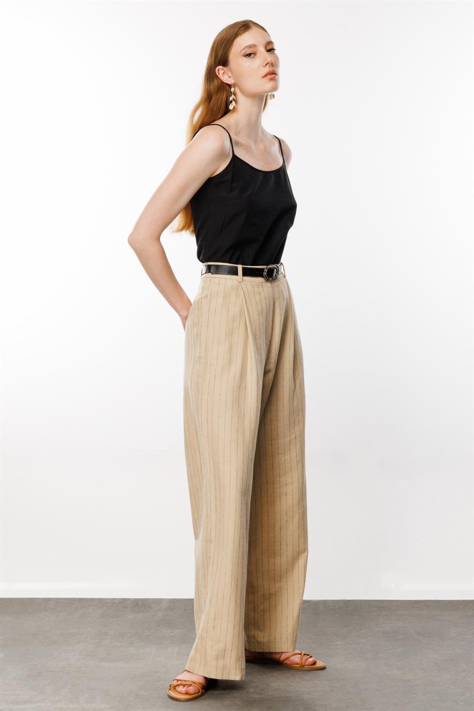 Pileli Bol Paça Pantolon BEJ