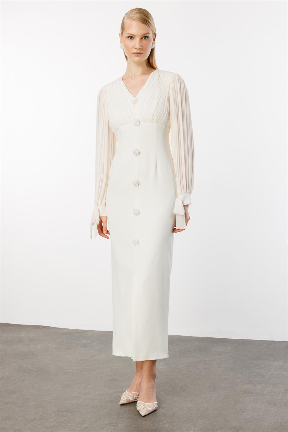 Pilise Detaylı İki Renkli Elbise EKRU