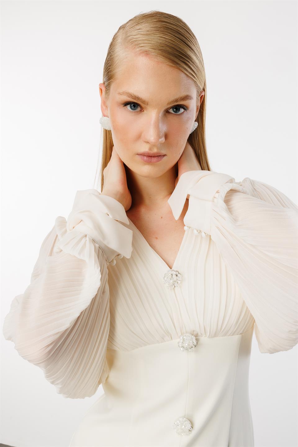 Pilise Detaylı İki Renkli Elbise EKRU