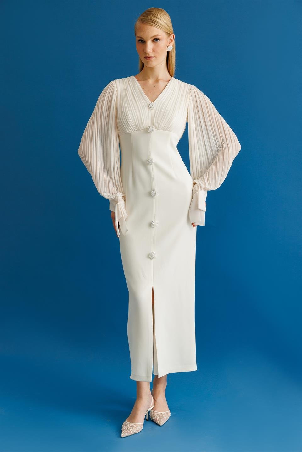 Pilise Detaylı İki Renkli Elbise EKRU