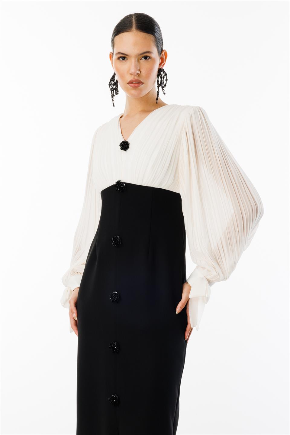 Pilise Detaylı İki Renkli Elbise SİYAH-EKRU