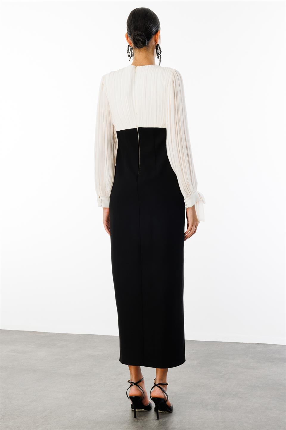 Pilise Detaylı İki Renkli Elbise SİYAH-EKRU