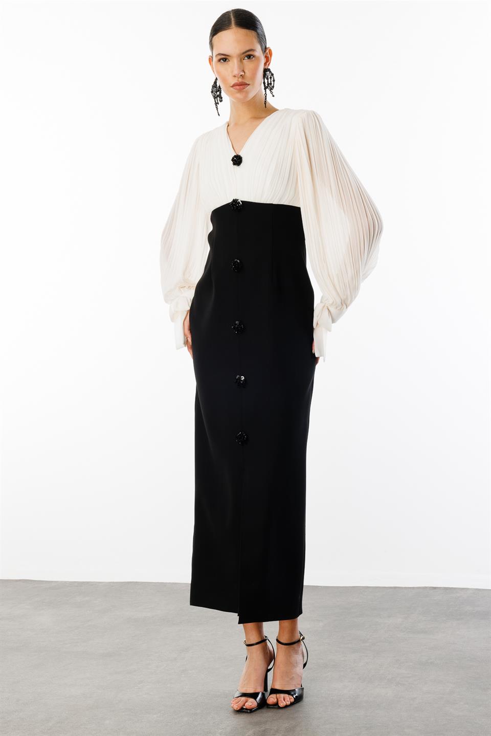 Pilise Detaylı İki Renkli Elbise SİYAH-EKRU