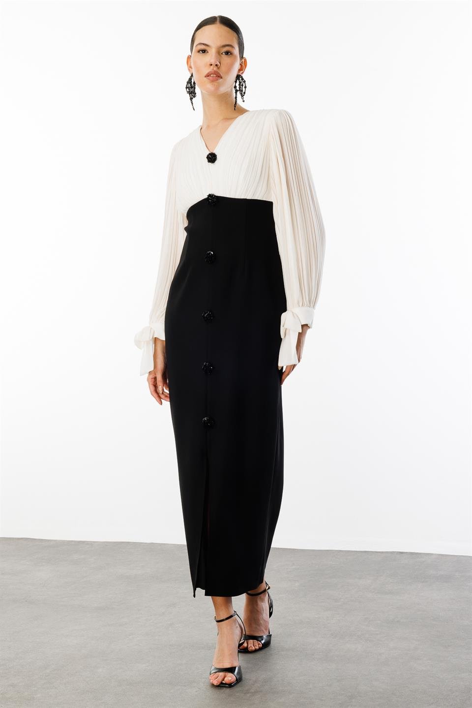 Pilise Detaylı İki Renkli Elbise SİYAH-EKRU